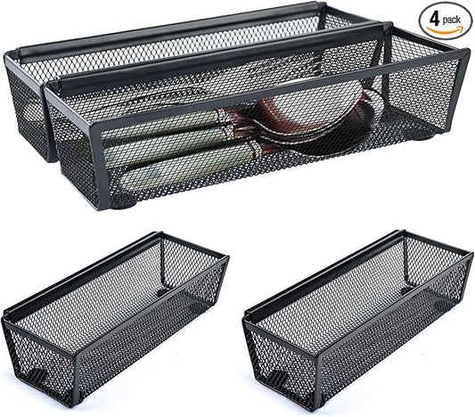 4PCS Drawer Organizer, Mesh Drawer Organizer with Interlocking Arm for Utensil, Cosmetic, Flatware, Pen (9 * 3 * 2 Inches, Black)-NeatNest