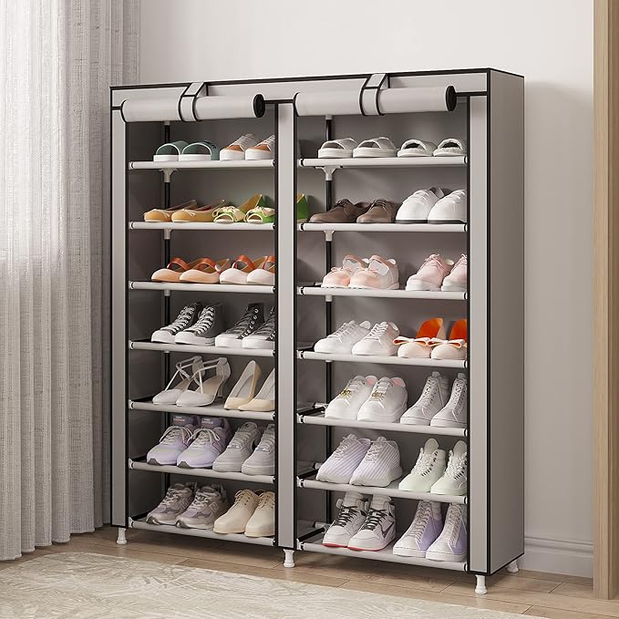 MOYIPIN Shoe Rack Storage Organizer, Double Row Portable Nonwoven Fabric Cover Shoe Rack Holds up to 28 Pairs 36.2 x 11.2 x49.2 Inches Grey-NeatNest