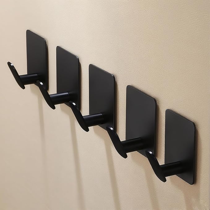 DELITON 8 Pack Adhesive Towel Hooks - Bathroom Towel/Wall Hooks for Hanging Coat Robe Stick on Bathroom or Kitchen Matte Black Stainless Steel-NeatNest