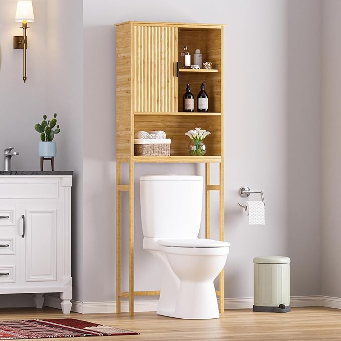 BlueWish Over The Toilet Storage Cabinet, Bamboo Over Toilet Storages with Fluted Door, Over The Toilet Cabinet Bathroom Organizer, Bathroom Shelf Over The Toilet, Storage Rack, Natural-NeatNest