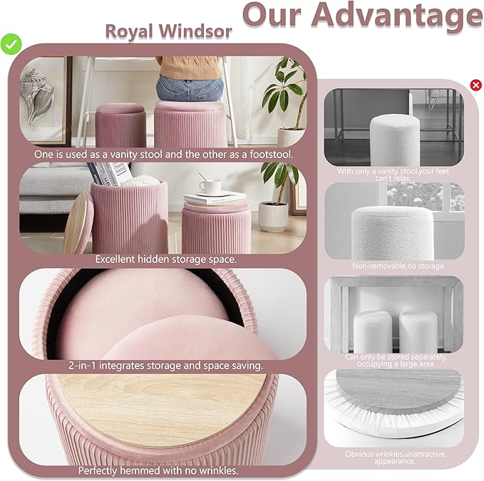 Round Ottoman with Storage Set of 2,Vanity Stool with Storage for Bedroom, Ottoman Coffee Table,Small Velvet Foot Stool for Living Room, Pink
