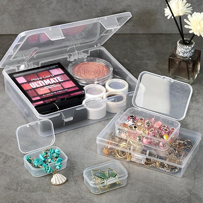 7 Pack Mixed Sizes Rectangular Mini Plastic Containers Clear Plastic Storage Boxes with Hinged Lids Empty Beads Organizers for Small Items Art Craft Jewelry Projects-NeatNest