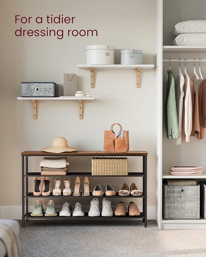 VASAGLE Shoe Rack, 4-Tier Shoe Storage Organizer for Entryway and Closet, Holds 15-18 Pairs of Shoes, 3 Fabric Shelves, Steel Frame, Industrial, Rustic Brown and Black ULBS135B01-NeatNest