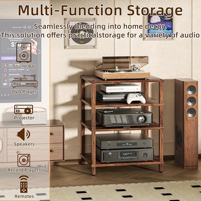 4-Tier AV Media Player Stand, Brown Stereo Cabinet, Modern Stereo Cabinet, Wooden TV Stand,Game Console Shelf, Multifunctional Entertainment Center, Suitable for Home, Conference Room, Game Studio-NeatNest