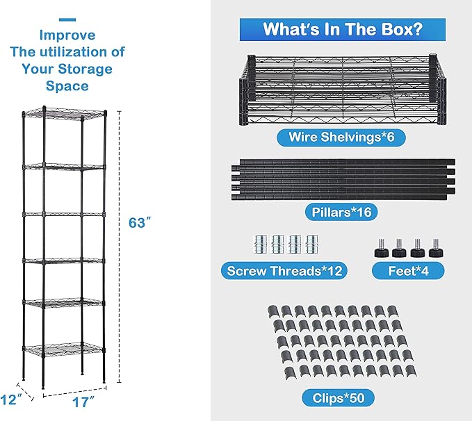6-Tier Metal Wire Shelf Storage Rack NSF Certified, 17"L x 12"W x 63"H, Modern Style, 6 Shelves, 600 Lbs Capacity, Kitchen & Garage