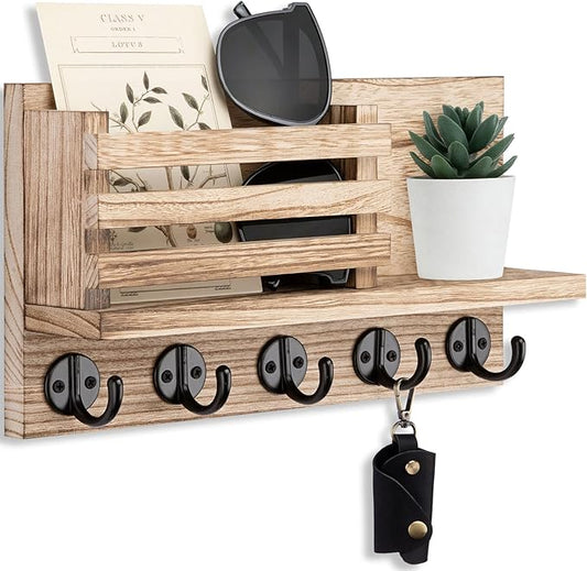 Key Holder for Wall – Decorative Wooden Mail Holder and Key Shelf with Mounting Hardware, Installation Guide – Paulownia Wood with 5 Metal Key Hooks (11.8” x 6.7” x 2.8”)