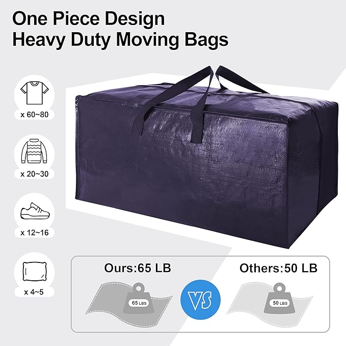 12 Pack Heavy Duty Extra Large Moving Bags W/Backpack Straps - Strong Handles & Zippers, Storage Totes For Space Saving, Fold Flat, Alternative to Moving Box and Storage Bin, Blue