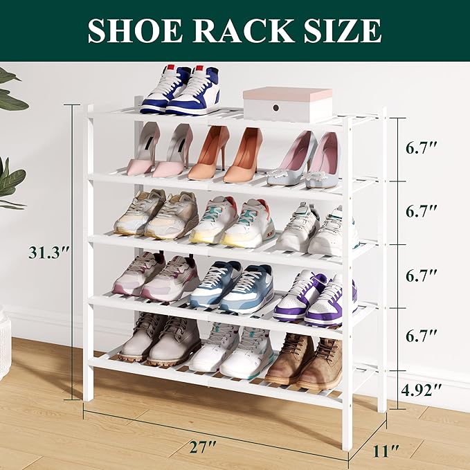 Smiry Bamboo Shoe Rack for Closet, 5 Tier Wooden Stackable Shoe Organizer, Free Standing Shoes Storage Shelf for Entryway, Front Door Entrance, White-NeatNest