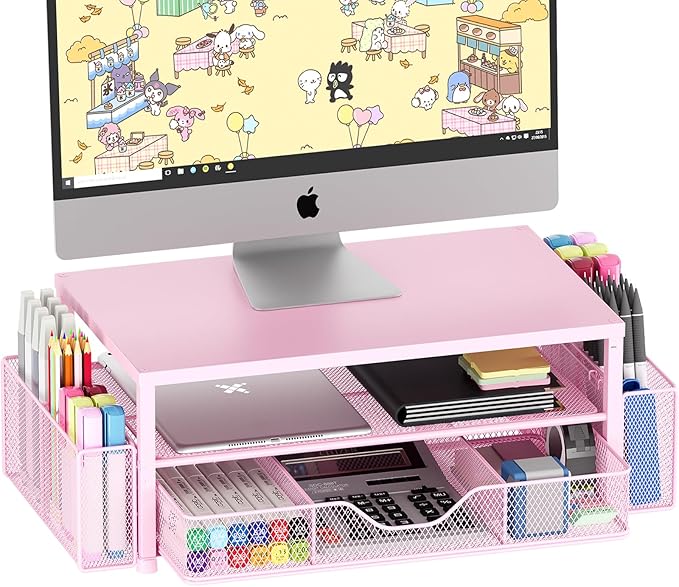 Desk Organizer and Accessories, 2-Tier Computer Monitor Stand Riser with Drawer and 2 Pen Holders, Laptop Stand, Office Desk Accessories for Office Supplies, Pink