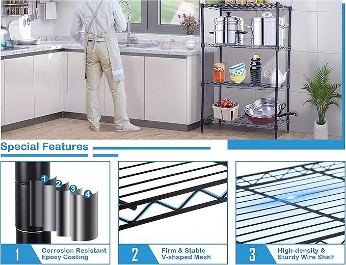 4-Tier Metal Wire Shelving Unit Kitchen Shelf Organizer Storage Rack Utility Shelf Snack Shelf, NSF Certified Storage Shelves for shelves Metal Shelving Shelves for Storage Shelf Pantry Shelves