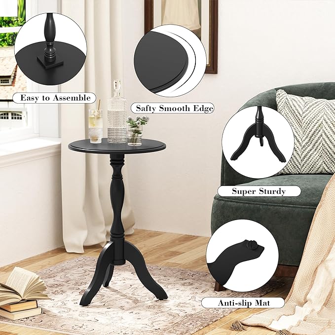 HLR Round Small End Table, Wooden Pedestal Side Coffee Tables, Vintage Accent Nightstand for Living Room, Bedroom, Entryway (1, Black)