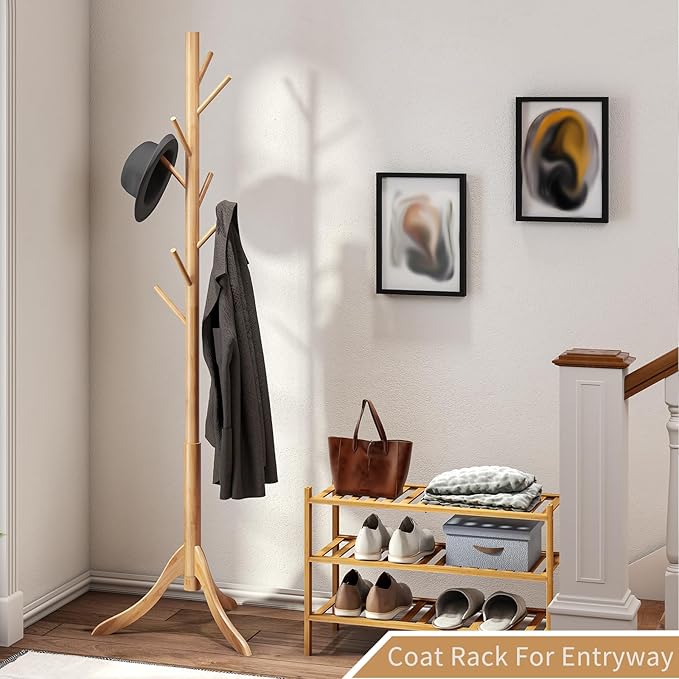 Coat Rack Freestanding, Coat Stands Entryway, Bamboo Coat Rack Hat Hanger 8 Hook for Jacket, Purse, Scarf Rack, Umbrella Tree Stand (Natural)-NeatNest