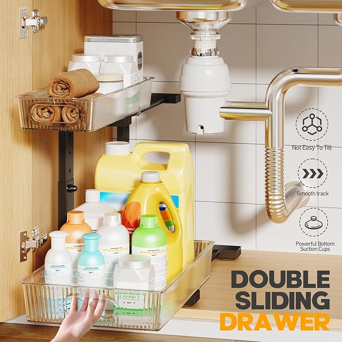 2 Pack Under Sink Organizer, 2-Tier Pull Out Cabinet Organizer, Elegant Acrylic Under Sink Storage Shelf for Kitchen Bathroom Cabinet, L-Shaped Adjustable Height for Maximum Space Efficiency-Black-NeatNest