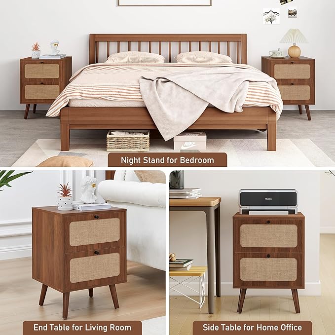 Mid Century Night Stand, Modern Nightstand with Drawer & Curved Linen Panel, Farmhouse End Table Wood Bedside Table Small Side Tables for Small Space, Bedroom (Walnut)