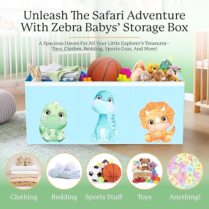 Extra Large Dinosaur Toy Box – 40"x13.5"x16.5" Collapsible Toy Chest with Dividers & Lid for Boys and Girls, Sturdy Kids Toy Organizer Bin for Nursery, Playroom, Bedroom, Stuffed Animal Storage