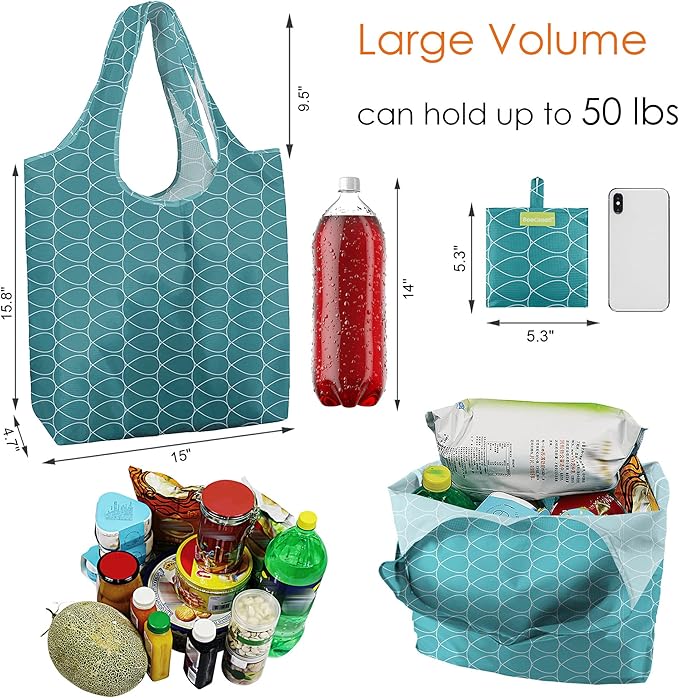 BeeGreen Large Tote Bag 6 Pack Reusable Grocery Bags Foldable - Bulk Machine Washable Ripstop Polyester Fabrics Grocery Bag - Reusable Shopping Bags for Women Travel Storage (Geometry Design)-NeatNest