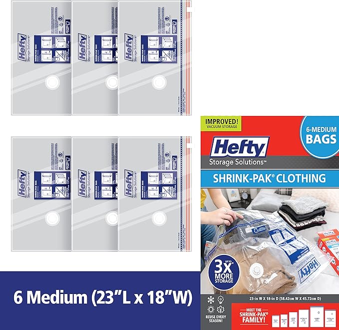 Hefty Shrink-Pak Vacuum Storage Bags - Space Saver for Under Bed Storage, Clothing and Comforters, 3X More Storage Space, 6 Medium Zipper Bags-NeatNest