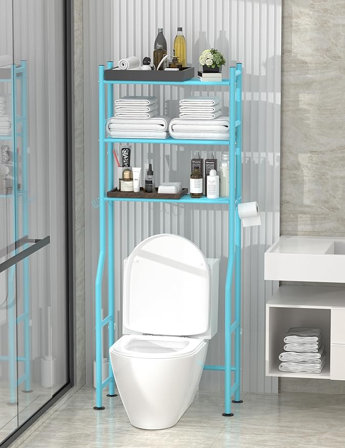 3-Tier Over The Toilet Storage, Freestanding Metal Bathroom Shelves with 4 Hooks, Over Toilet Storage Shelf with Paper Holder, Above The Toilet Shelf for Bathroom Storage, Blue-NeatNest