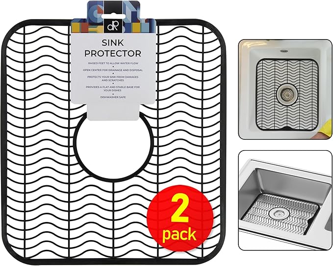 DecorRack 2 Sink Protectors for Kitchen Sink, Plastic 12" x 11" Dish Rack, Protect Sink from Stains, Damage, Scratches, Dishwasher Safe Grid Mat for Kitchen (2 Pack, Black)