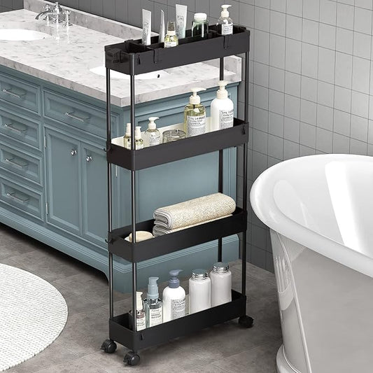 SPACELEAD Slim Storage Cart 4 Tier,Bathroom Organizer Rolling Utility,Mobile Shelving Unit Slide Out for Office, Kitchen, Laundry Room & Narrow Places,Black-NeatNest