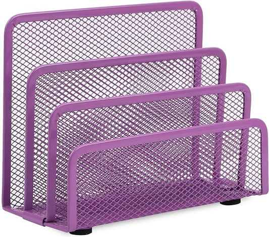 EASEPRES Desk Mail Organizer, Office Small Desktop Metal Mesh Envelope Letter Sorter Paper File Holder Organizer with 3 Vertical Upright Compartments, Purple 1 Pack