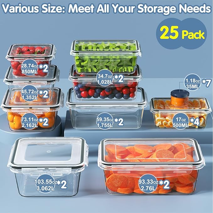50 PCS Food Storage Containers Set, Plastic Food Containers for Pantry Kitchen Storage and Organization, Microwave and Dishwasher Safe, Leakproof & BPA-Free with Labels Pen(25 Containers & 25 Lids)-NeatNest