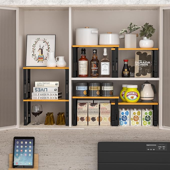 Expandable Kitchen Cabinet Organizer Shelves – Stackable Adjustable Metal and Wood Storage Racks for Countertop, Pantry, Garage Set of 2 Spice Rack – Easy Assembly, Space-Saving(1 Pack/Large/Black)-NeatNest