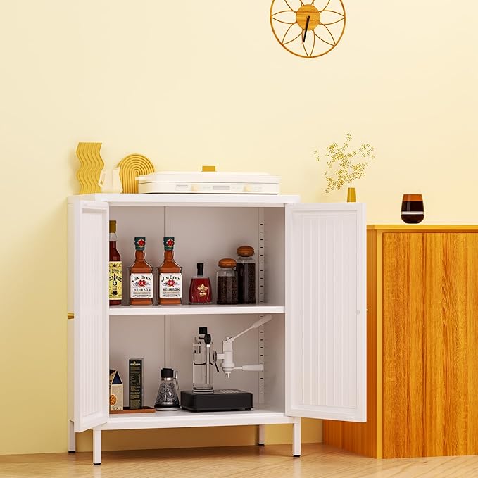 2 Door Metal Accent Cabinet, Small Sideboard, Locker Style Accent Storage Cabinet with Doors and Adjustable Shelves for Home, Office, Living Room, Kitchens (Stripe Door, White)