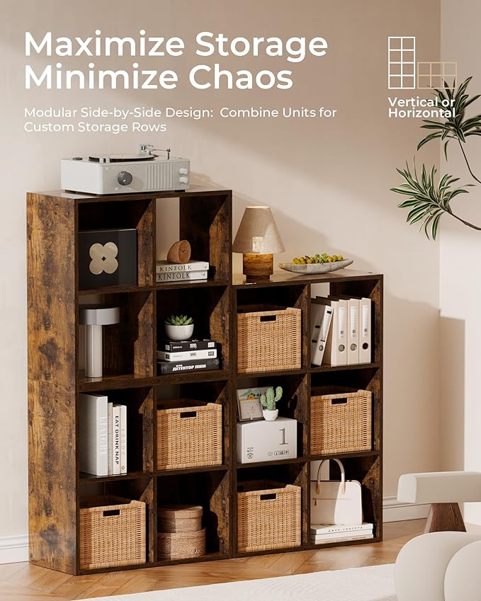GTPLAYER 4-Cube Storage Organizer, Fits 11" Bins, Vertical or Horizontal Use, Opening Bookshelf, Partial Back Panels, Stackable Design Bookcase, for Desk, Vanity, Entryway, Rustic Brown