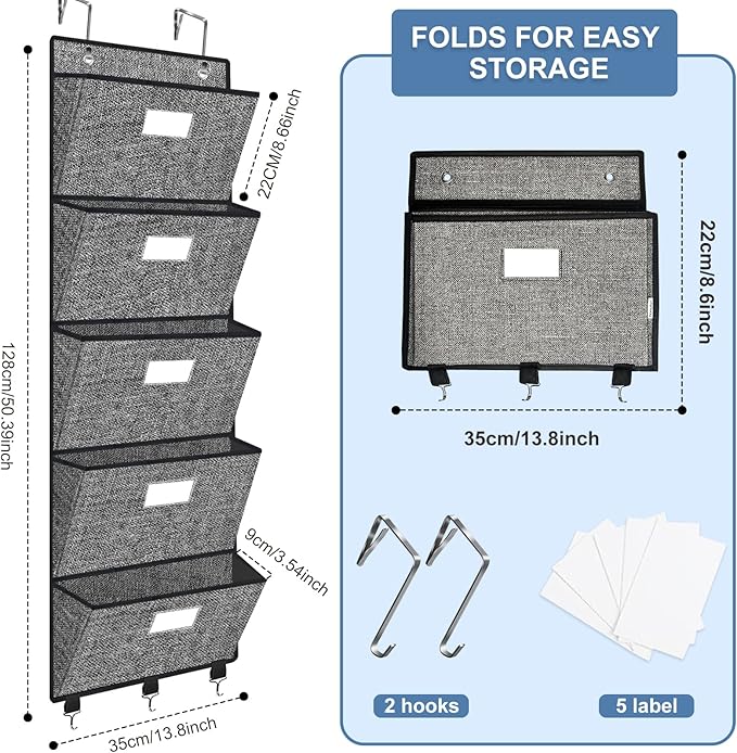 Homyfort Over the Door File Organizer, Hanging Wall File Folders with 5 Large Pockets for Papers, Charts, Mails, Magazine, Office and Back To Supplies Storage and Organization (Black)-NeatNest