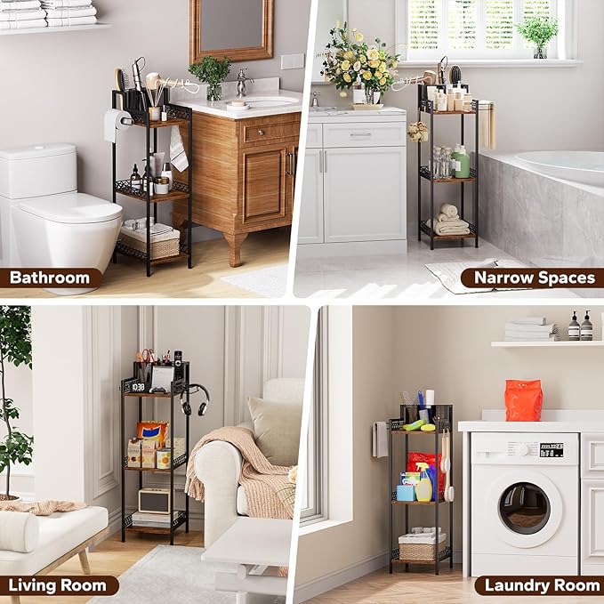 3-Tier Bathroom Shelf Organizer with Hair Dryer Holder and Toilet Paper Hook, 9.85" Slim Metal Stand for Small Spaces, Holds 50lbs - Freestanding Storage for Towels, Toiletries-NeatNest