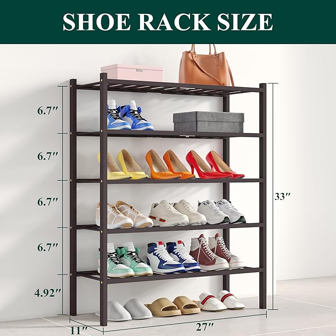 Smiry Shoe Rack, 5 Tier Bamboo Shoe Organizer, Stackable Free Standing Wooden Shoe Storage Shelf for Closet, Entryway, Front Door Entrance, Brown-NeatNest