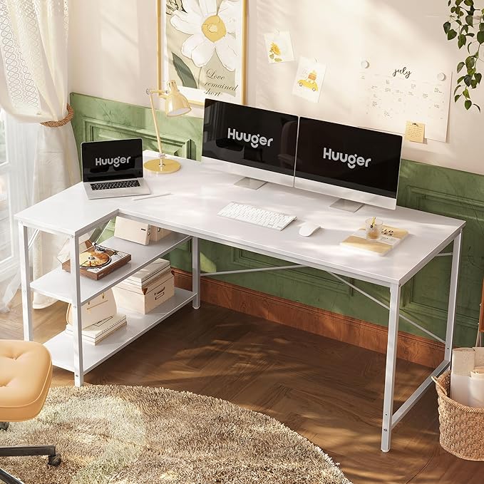 Huuger L Shaped Desk, 55 Inches Computer Desk with Reversible Storage Shelves, for Gaming Corner Home Office Writing Study, Metal Frame, White-NeatNest