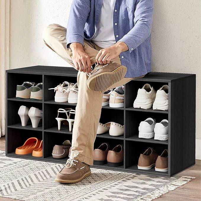 12-Cubby Shoe Rack, 3-Tier Wood Shoe Organizer, Multifunctional Shoe Organizer Bench for Entryway, Mudroom, Hallway, Closet,36.22 * 11.81 * 17.72 Inch,Black-NeatNest