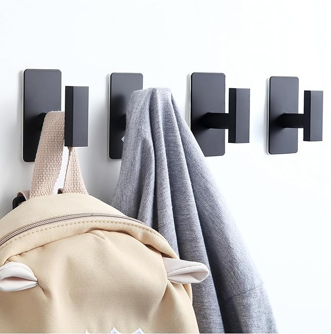 (4-Pack) Matte Black Adhesive Towel Hooks, Stainless Steel Adhesive Wall Hooks for Bathroom Kitchen Hanging Towels, Coats, Robes, Clothes