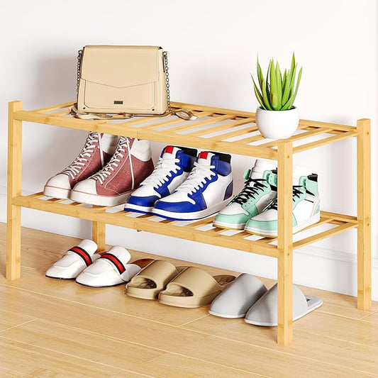 Smiry Shoe Rack, 2 Tier Bamboo Shoe Organizer, Stackable Free Standing Wooden Shoe Storage Shelf for Closet, Entryway, Front Door Entrance, Natural-NeatNest