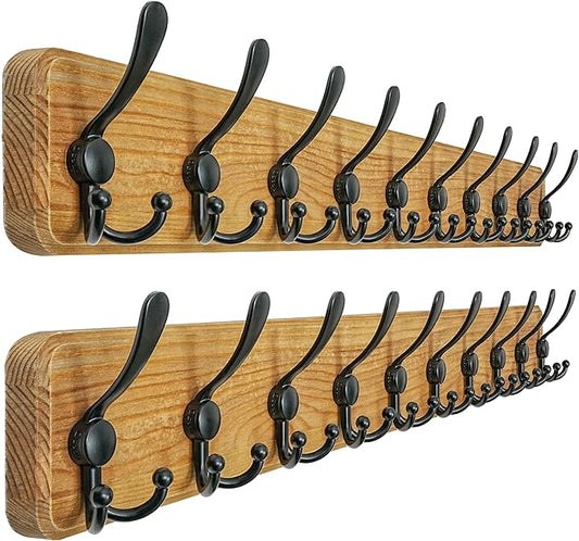 Dseap Coat Rack Wall Mount - 38-1/4" Long, Heavy-Duty, 10-tri-Hooks, Barnwood-Style Wooden Wall Coat Hanger Hook Rail for Winter Coats Hat Jacket Clothing, Weathered Brown & Black, Pack of 2