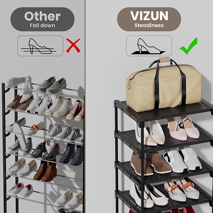 VIZUN 9 Tier Shoe Rack for Entryway, 4 Thickened Steel Pipes per Layer, Vertical Shoe Organizer Storage Free Standing, Sturdy Multi Function Metal Shoe Shelf Black-NeatNest
