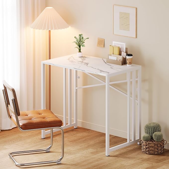 35 inch Folding Small Desk, Writing Gaming Computer Camping Desk for Small Spaces, No Assembly Required Home Office Table, White Marble-NeatNest