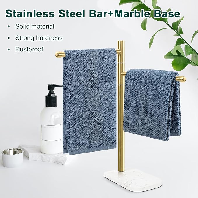 Hand Towel Holder, F-Shape Hand Towel Stand with Marble Base, Stainless Steel Swivel Hand Towel Rack Bar Standing for Bathroom Kitchen Countertop, 2 Arms (Gold)