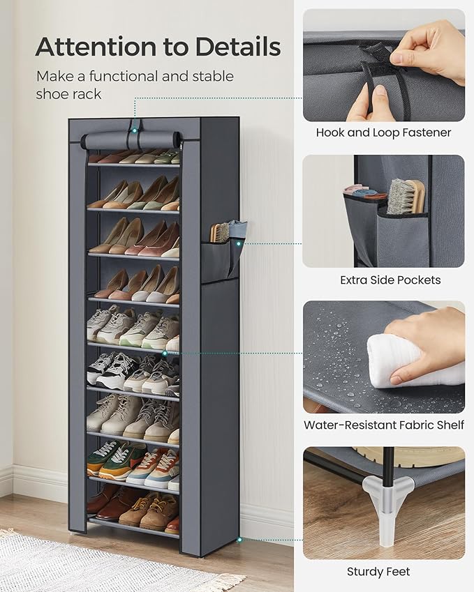SONGMICS Shoe Rack with Non-Woven Fabric Cover, 9 Tier Storage Shelf for 27-35 Pairs of Shoes, Entryway, Suitable for Sneakers, High Heels, Flats, and Boots, Grey URXJ10G-NeatNest