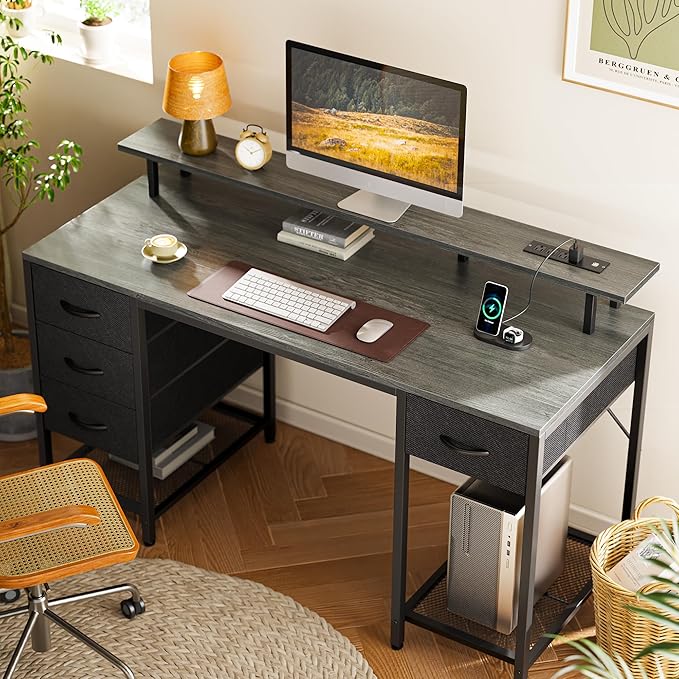 Huuger 55 inch Computer Desk with 4 Drawers, Gaming Desk with LED Lights & Power Outlets, Home Office Desk with Large Storage Space for Bedroom, Work from Home, Gray-NeatNest