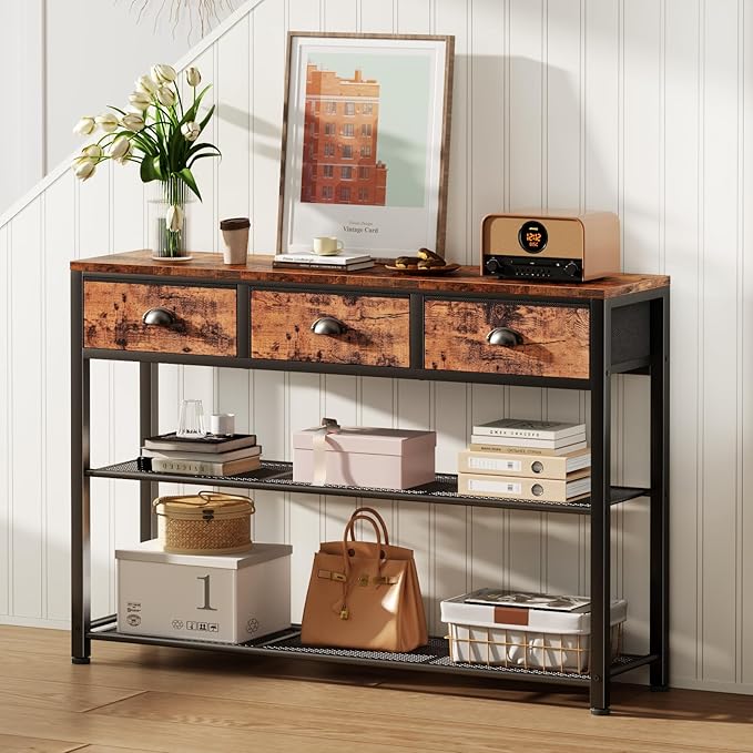Furologee Entryway Table, 38'' Console Sofa Table with 3 Fabric Drawers, Industrial Entry Way Table with Storage Shelves, Display Shelf for Living Room, Hallway, Entrance, Foyer, Rustic Brown-NeatNest