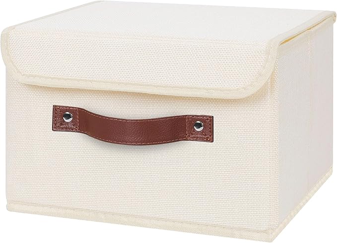ANMINY 4PCS Storage Bins with Lid PU Leather Handles Storage Boxes PP Plastic Board Decorative Foldable Lidded Cotton Linen Fabric Home Cubes Baskets Closet Organizer Containers - Beige, Small Size-NeatNest