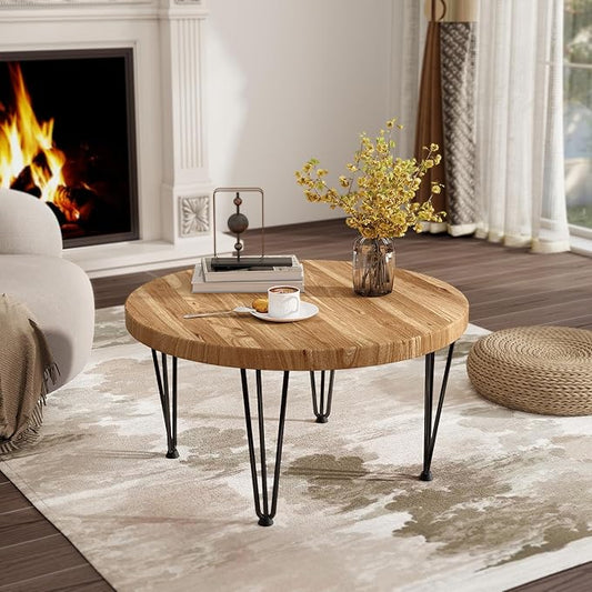 Fun Memories Round Coffee Table - Elm Wood Nesting Table with Metal Legs & Non Slip Feet Base - Rustic Nesting End Tables for Living Room Bedroom - 27.5" D x 27.5" W x 16" H - Natural Color