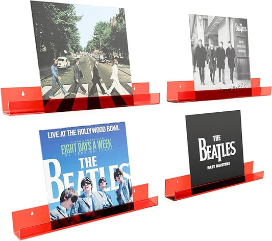 4 Pack Acrylic Shelves for Wall Storage,15" Floating Bookshelves for Kids, Display Shelf for Bathroom, Bedroom,Decor, Red
