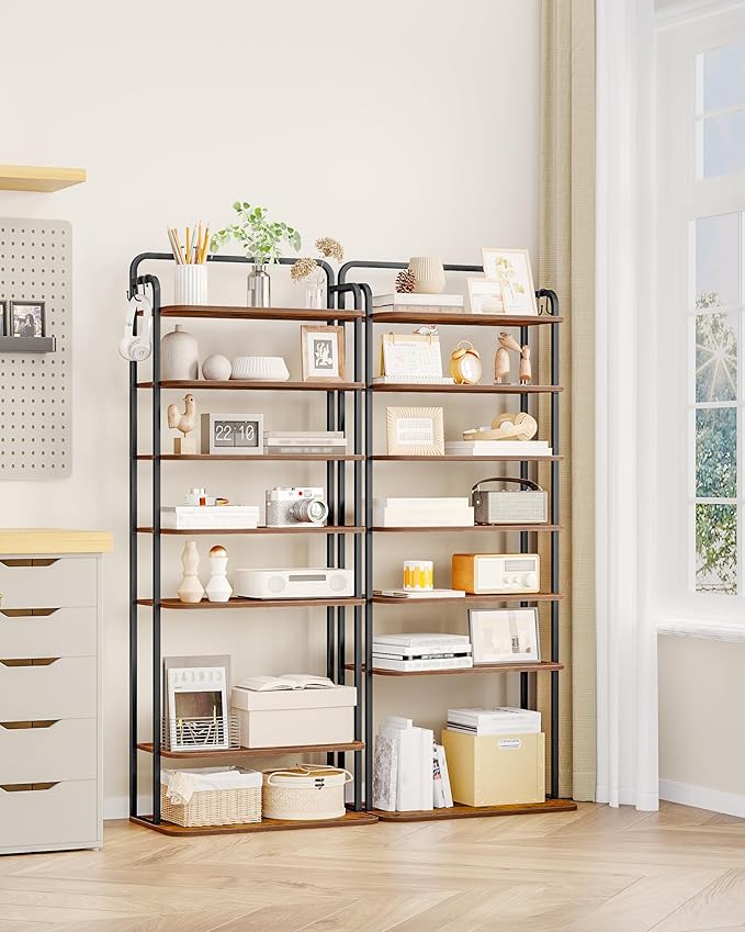 8 Tiers Widened Vertical Shoe Rack, Narrow Shoe Tower, Tall Shoes Shelf with 2 Hooks, Adjustable Shelves, Corner Shoes Shelves for Small Spaces, Entryway, Living Room, Rustic Brown SR12501B-NeatNest