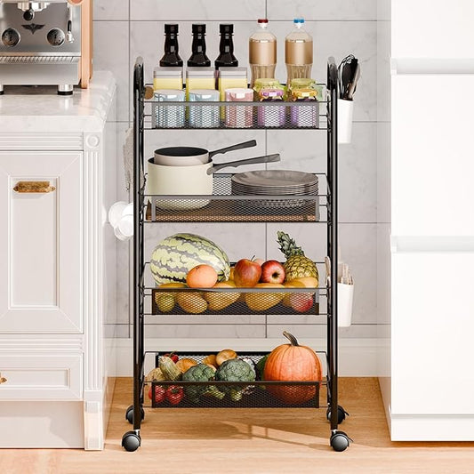 3/4/5 Tier Fruit Vegetable Basket, Stackable Metal Mesh Storage Basket with 360 Degree Wheels, Fruit Vegetable Produce Basket Storage Organizer for Kitchen, Pantry, Bathroom Black 4-Layers