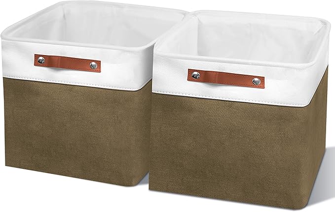 11in Open Fabric Storage Basket with Leather Handles for Organizing, Collapsible Linen Closet Bins for Shelves, Closets, Laundry, Decorative Basket for Gifts. (White＆Brown, 2PCS/11x11in)-NeatNest