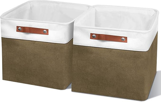11in Open Fabric Storage Basket with Leather Handles for Organizing, Collapsible Linen Closet Bins for Shelves, Closets, Laundry, Decorative Basket for Gifts. (White＆Brown, 2PCS/11x11in)-NeatNest